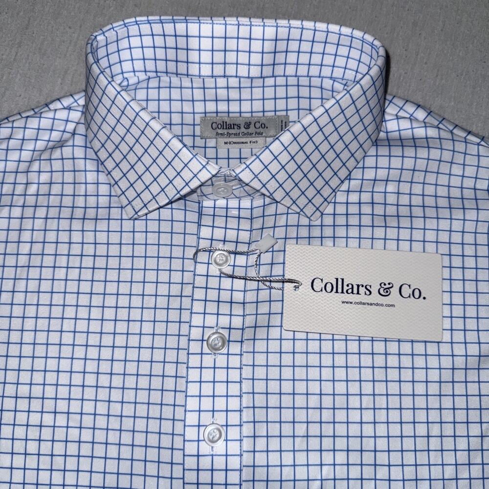 Collars & Co Golf Semi Spread Collar Polo White Thin Blue Check Medium NWT